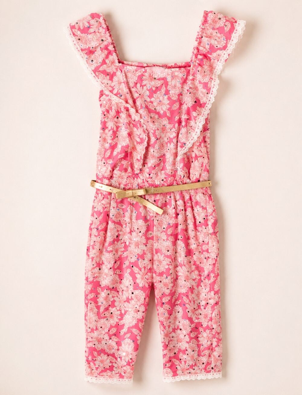 NWT Little Lass Coral Pink Floral Lace-Trim Romper size 4T
